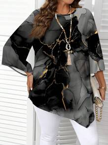 EMERY ROSE Plus Size Water-Ink Marble Textured Pattern Round Neck Long Sleeve Shirt, Suitable For Spring And Autumn Asymmetrical Blouse Autumn And Winter Chic Blouses For Women - Multicolor - View 4