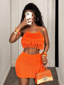 BamGleam Conjunto de dos piezas de jersey para mujer, top de punto sin mangas, tirantes con flecos, falda corta, ajustada naranja, sexy para vacaciones, fiestas en la playa, ropa de mujer para primavera y verano