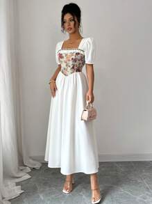 Elenzga Abito elegante da donna per vacanze, con volant sul fondo, di colore giallo crema, adatto anche per laurea - Beige - Visualizzare 4