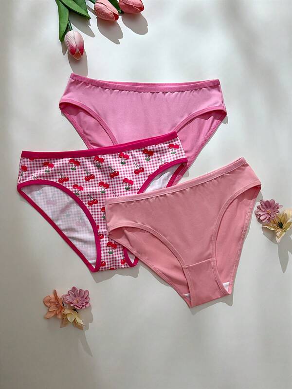 3pcs Pink Cherry Plaid Sweet & Cute Panties For Big Girls Underwear