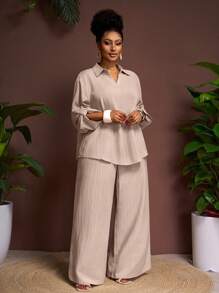 Veslaya Plus Size Casual Loose Solid Color Long Sleeve Top & Pants 2 Pieces Set - Khaki - View 4