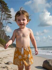 Adorable Pineapple Print Baby Boy Beach Shorts, Suitable For Summer Beach Vacation - Yellow - View 1