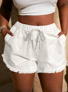 SHEIN SXY Plus Size Women Spring & Summer New Vintage Washed Retro Elastic Waist Hem Fringed Shorts, Suitable For Everyday Wear, Music Festival, Concert, Carnival Party, Beach Vacation, Date Night, Birthday, Bachelorette Party, Club, Cute, Casual, Shopping, Streetwear, Going Out,Holiday Outfits For Women