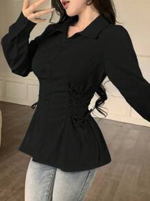 Modelyn Áo cánh thời trang dài tay đơn hàng khuy đơn màu trơn cho nữ, thắt eo có dây rút - màu đen - Xem 4