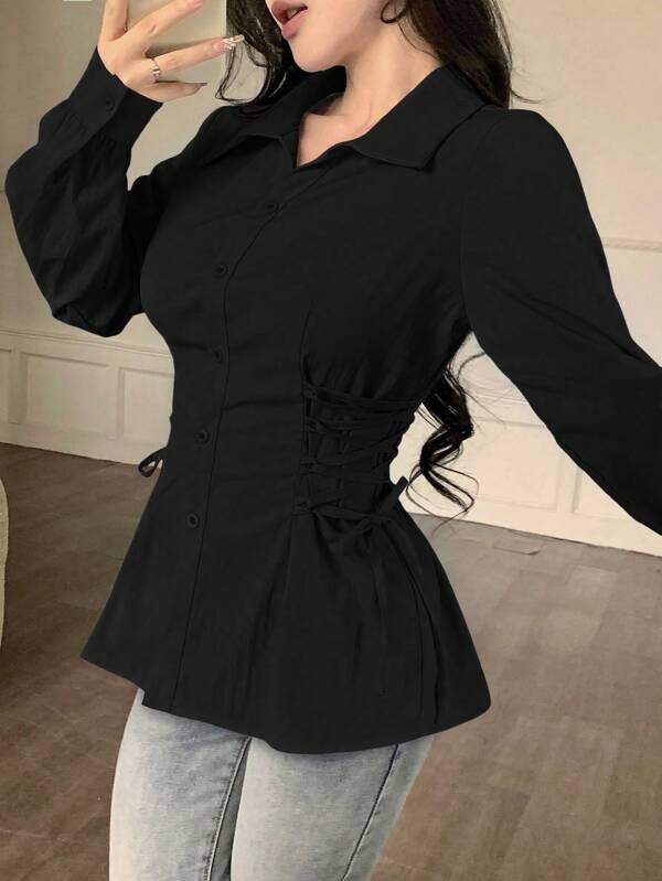 Modelyn Women's Solid Color Long Sleeve Single-Breasted Drawstring Tie Waist Fashionable Blouse