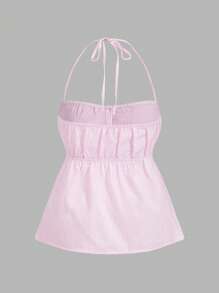SHEIN Sweetro 2 件/套：大码女式皱褶条纹吊带上衣和宽松阔腿裤，休闲日常穿着 - 粉色 - 查看 7