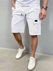 Manfinity Homme Men's Summer Casual Street Solid Color Drawstring Elastic Waist Flap Pocket Cargo Shorts Men White Cargo Shorts Men Shorts With Pockets Men Drawstring Shorts White Shorts Men Men Casual Shorts.A Great Gift For A Boyfriend Or Husband. - White - View 4