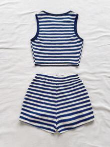 Soleia 2 件套女士节日红白纹理针织露背短款系带蝴蝶结短款上衣和松紧腰短裤 - 藍白色 - 查看 2