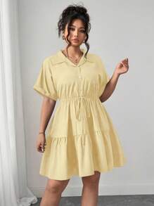 Elenzga 大码宽松休闲衬衫式连衣裙，细节丰富 - 黃色 - 查看 5