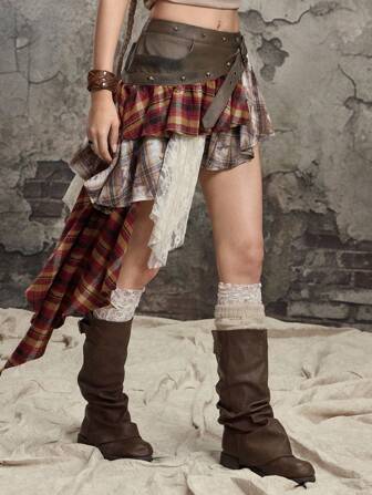 Grunge Punk Minifalda asimétrica en capas con patchwork, tartan y encaje, estilo punk grunge Y2K