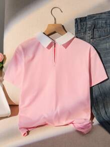 女童休闲时尚可爱蝴蝶印花Polo领T恤 - 粉色 - 查看 2