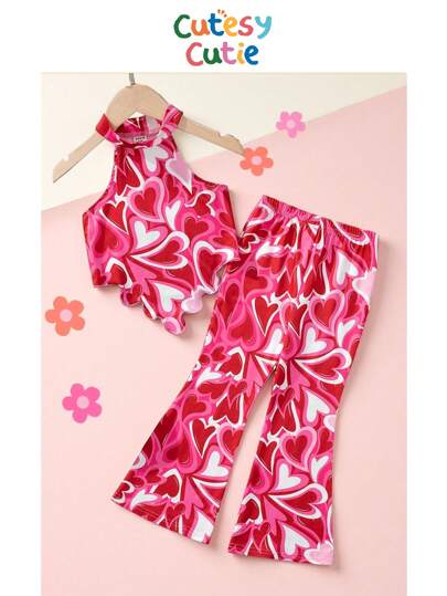 SHEIN 年輕女孩時尚愛心露背上衣搭配鬆脚褲