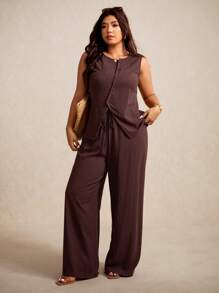 Elaquor 大码夏季休闲纯色纽扣前吊带背心和裤子套装