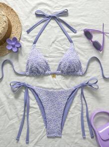 Swim Mod 大尺碼女款 2件/套 甜美可愛花卉紋理掛脖綁帶比基尼泳衣，適合海灘度假與夏季海邊假期 - 紫色 - 查看 2