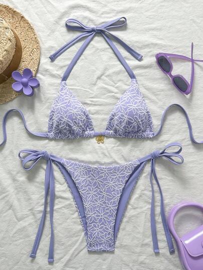 Swim Mod 大码女式两件套甜美可爱花卉纹理露背系带比基尼泳装适合海滩度假