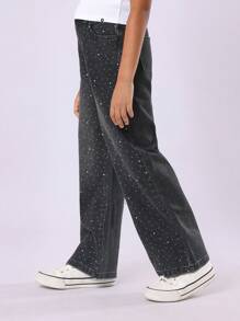 SUMWON Quần Jeans Denim Lấp Lánh Sao Diamante Ống Rộng Đính Pha Lê Trang Trí Quần Dài Dự Tiệc Mùa Đông Lễ Hội - màu đen - Xem 4