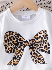 Genkimix Kids Baby Girls Cute Bowknot Print White Crew Neck Short Sleeve Top Paired With Comfortable Leopard Casual Pants, T-Shirt Set, Spring/Summer Baby Girl Leopard Outfit Leopard Print Baby Clothes Baby Girl Cheetah Outfit Newborn Baby Girl Outfit Baby Girl Animal Print Outfit