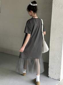 DAZY 少女圆领针织短袖撞色网眼溜冰裙，夏季，返校服 - 深灰色 - 查看 5