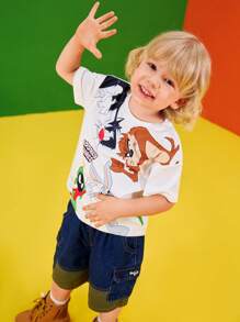 LOONEY TUNES X SHEIN 小男孩可爱猫咪图案白色休闲短袖T恤 - 白色 - 查看 2