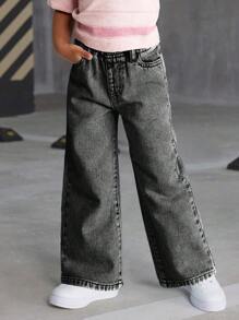 SHEIN Sparklyn 女童百搭时尚染蓝色直筒牛仔裤