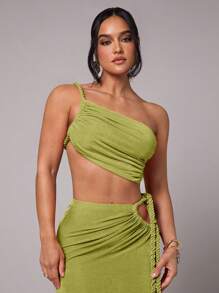 Silquee Women's Sleeveless Braid Ruffle Asymmetrical Hem Tank Top, Suitable For Commute, Daily Wear, Vacation, Beach, Bikini Cover-Up, Night Out, Sisterhood Gathering, Beach Party, Pool Party, Spring/Summer Green One Shoulder Top One Shoulder Tops Green Top - Olive Green - View 7