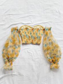 SHEIN WYWH 女士浪漫休闲度假衬衫，适合复活节、毕业典礼、婚礼、返校、派对、午餐会、下午茶等场合。采用欧根纱材质，水彩花卉印花，不对称肩部设计，扭结细节，长袖。适合派对、约会、情人节等场合穿着。黄色Cottagecore复古90年代春季风格。 - 彩色 - 查看 2