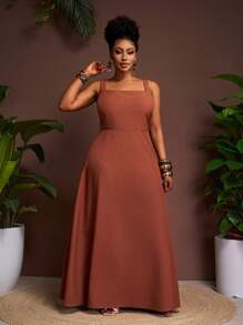 Slaydiva Spring/Summer Vacation Casual Fitted Sling Cinched Waist A-Line Brown Woven Fabric Plus Size Dress For Women - Brown - View 5
