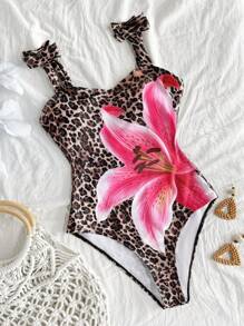 SHEIN Tween Girl Leopard Print & Floral Casual Vacation One-Piece Swimsuit