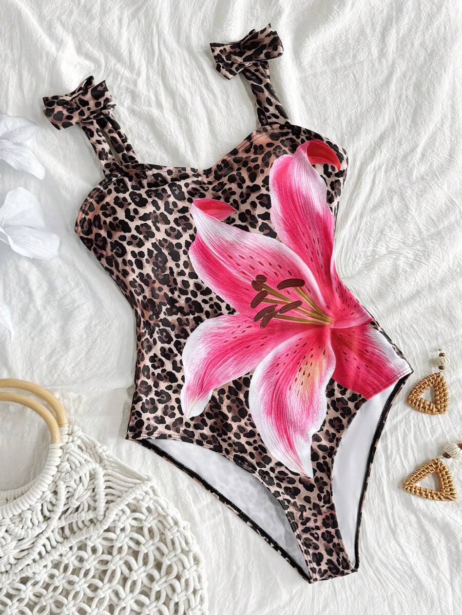 SHEIN Tween Girl Leopard Print & Floral Casual Vacation One-Piece Swimsuit