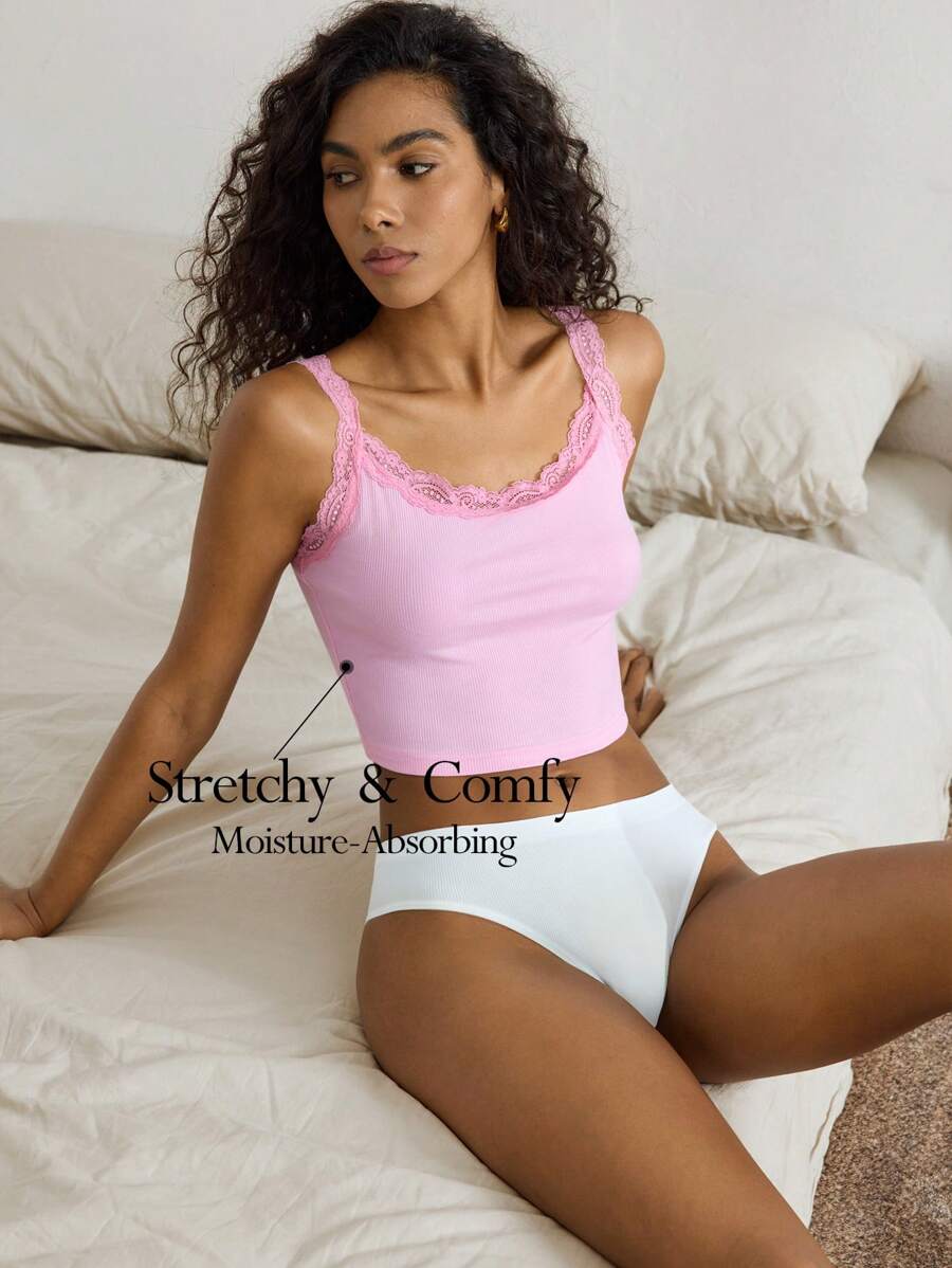 Ocili Leisure Women's Ribbed Lace Trim Pink Sleepwear Top