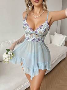 SHEIN 2pcs Women Elegant Floral Mesh Patchwork Lace Trim Spaghetti Strap Sleepwear Set - Baby Blue - View 1