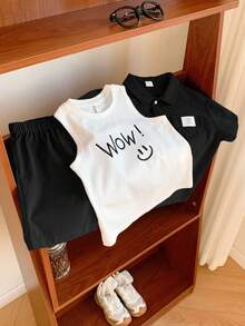 SHEIN Little Byeori 3 件套年轻男童韩版宽松字母印花 Polo 领开衫、T 恤和针织印花背心，适合春夏季日常、运动、郊游、学校、派对、节日、拍照 - 黑色 - 查看 9