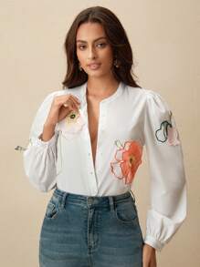 Anewsta Blusa de manga larga de cuello redondo, estilo casual suelto, con diseño de flores 3D bordadas, estilo resort de primavera/verano