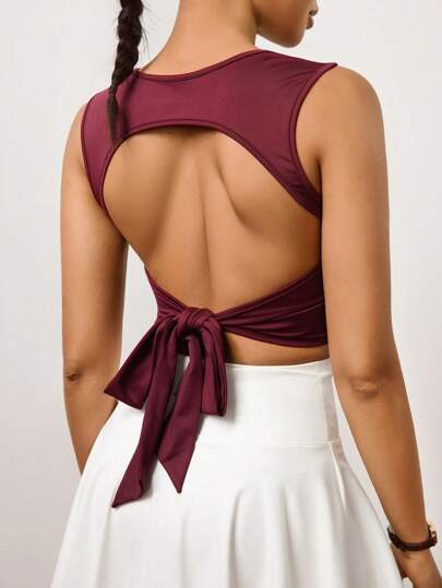 Hanevo Women's Solid Color Backless Tie Knot Casual Sports Tank Top Sportwear For Daily Wear