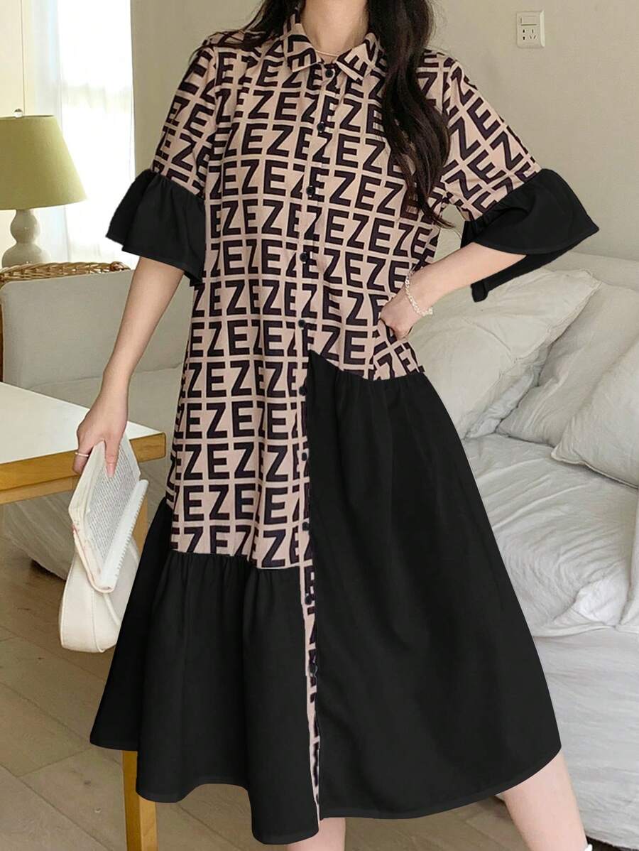 SHEIN 少女时尚休闲纯色梭织平纹面料拼色不对称荷叶边下摆可爱泡泡袖修身中长连衣裙,返校,日常穿着,宽松学院风拼色泡泡袖中长连衣裙,撞色领口,优雅,适合日常穿着,休闲校园,返校,情人节,夏季服装女士休闲连衣裙衬衫裙双色连衣裙印花连衣裙 - 黑色 - 查看 1