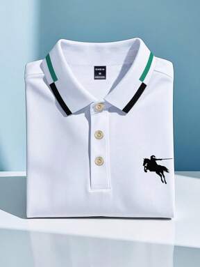 Manfinity Homme Camisa Polo de Manga Curta Casual com Listras de Cavaleiro Masculina, Commuter