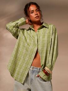 Athîral Chemise décontractée à col casual à carreaux verts pour femmes