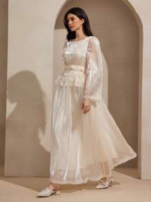 Graceveil 2pcs/Set Women's Solid Color Round Neck Long Sleeve Ruffle Hem Shift Dress Fall Cloth For Women