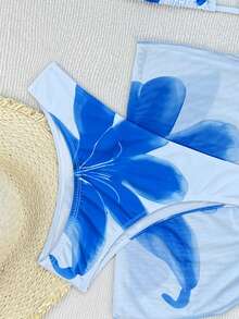 Zestiva 3件套女士花卉印花露背系带性感比基尼泳装，适合海滩度假 - 藍白色 - 查看 5