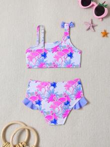SHEIN Infant/Baby Girl2-Piece Swimsuit Set: Bowknot & Flamingo Print Sleeveless Top With Ruffle Trim & Triangle Print Bottoms