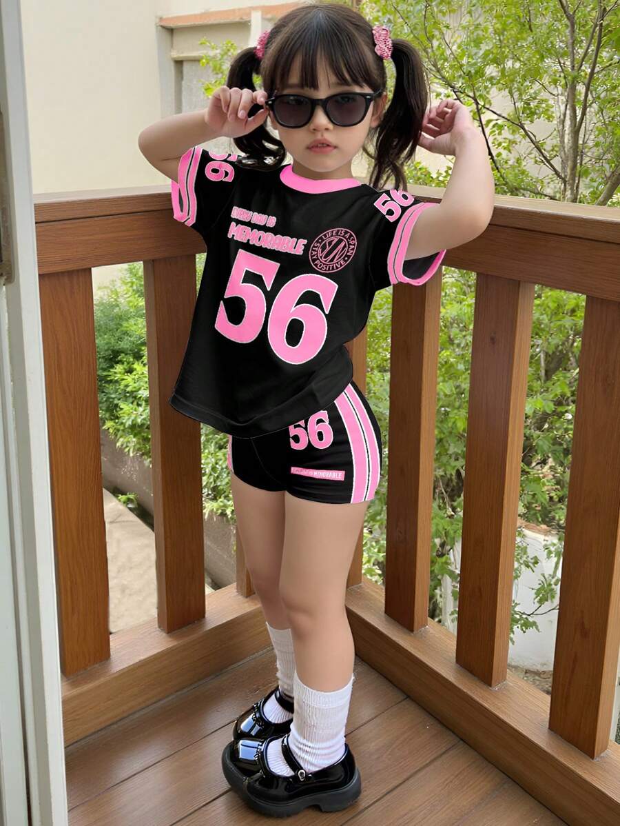 SHEIN Bộ 2 món/Bộ áo thun tay ngắn đơn giản thường ngày và quần short cho bé gái, mùa hè - Nhiều màu - Xem 1