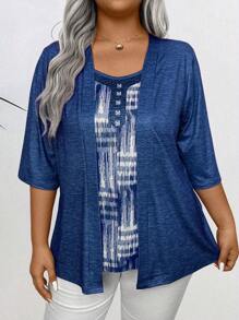 Plus Size Casual Loose Everyday Simple 2 In 1 T-Shirt - Navy Blue - View 6