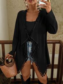 Travachic Plus Size Women Casual Loose Tassel Trim Cardigan, Long Sleeve Thin Open Front Outwear Black Cardigan Summer Cardigan For Women Black Coverups For Women  Black Tassel Cardigan,Fall Women Clothes