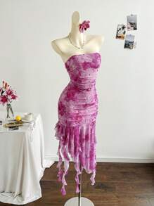 Soleia 浪漫花卉网状荷叶边抹胸连衣裙，适合节日、约会、情人节下午茶 - 彩色 - 查看 5