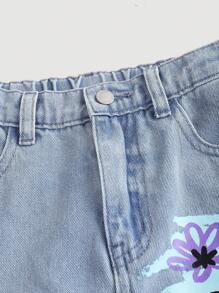 SHEIN Girlism 青少年女孩浅蓝色牛仔宽松阔腿裤，带有可爱的心形和冰淇淋字母图案，夏季海滩波西米亚风度假短裤秋冬 - 淺色水洗藍 - 查看 4