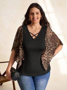 SHEIN Clasi T-shirt mode à manches volantées, patchwork imprimé léopard contrasté, tailles grandes - Multicolore - Voir 3