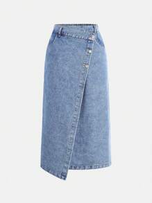 Girlism Teen Girl Y2k Fashion Asymmetrical Waist Casual Form-Fitting A-Line Blue Denim Long Skirt,For Girls Daily Clothes And Streetwear Outfits,Summer Beach Boho Vacation Shorts Fall Winter - Medium Wash - View 1