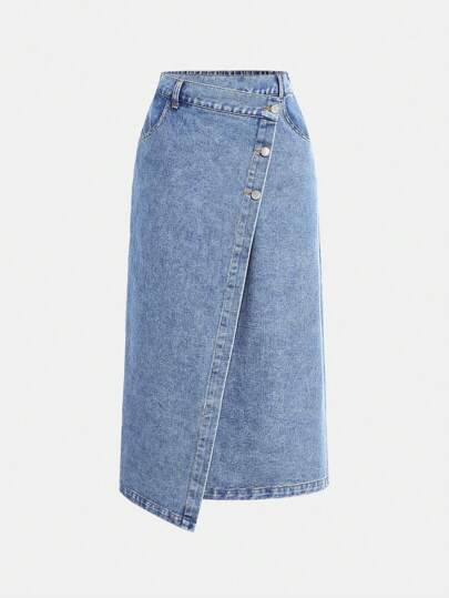 Girlism Teen Girl Y2k Fashion Asymmetrical Waist Casual Form-Fitting A-Line Blue Denim Long Skirt,For Girls Daily Clothes And Streetwear Outfits,Summer Beach Boho Vacation Shorts Fall Winter