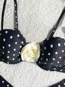 Bonvoyette Top à armatures et bas de maillot de bain à imprimé pois aléatoires avec décorations florales et bretelles ajustables. Ensemble de maillot de bain pour femmes pour l'été et les vacances à la plage