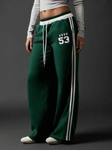 Missguided x Playboy Retro Wide Leg Sweatpants With Side Stripes Winter Lounge Pants Drawstring Waistband Comfortable Everyday Wear - Green - View 6